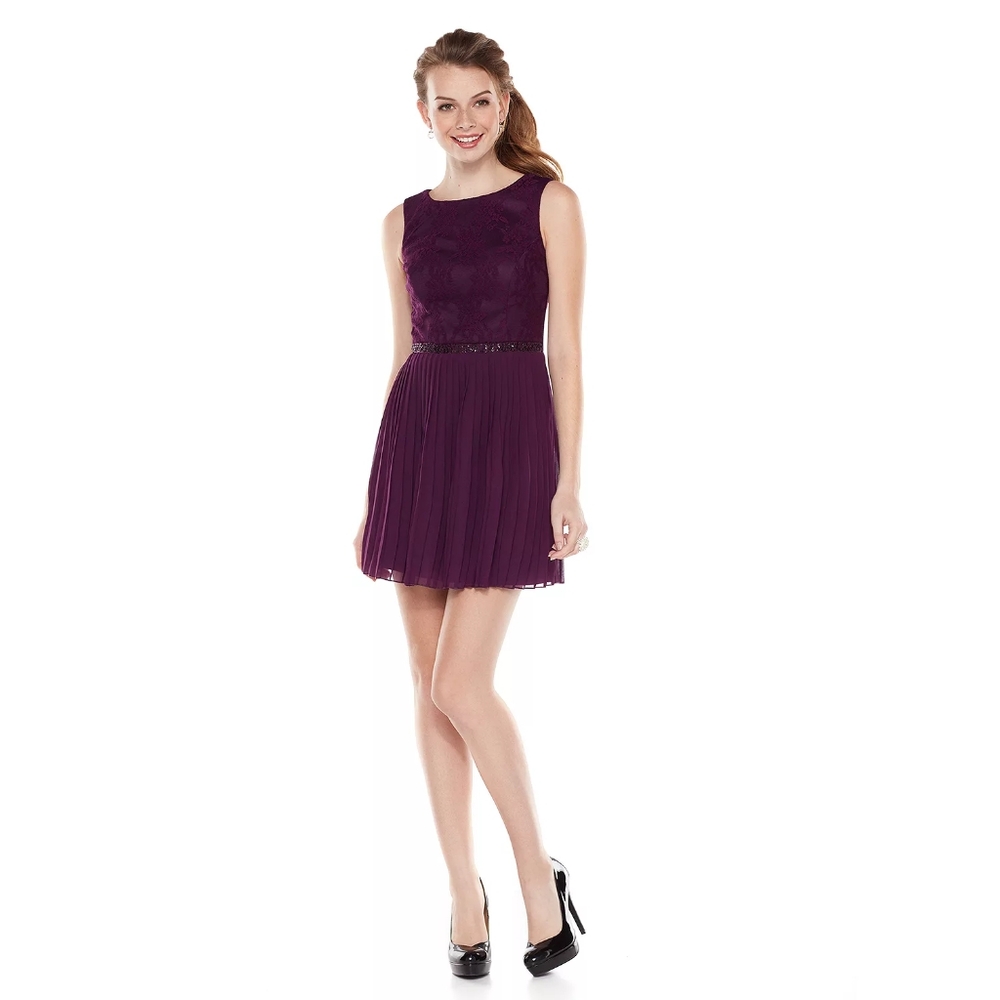 Juniors' Speechless Lace To Pleat Skater Dress, Size 7, Purple/Mauve